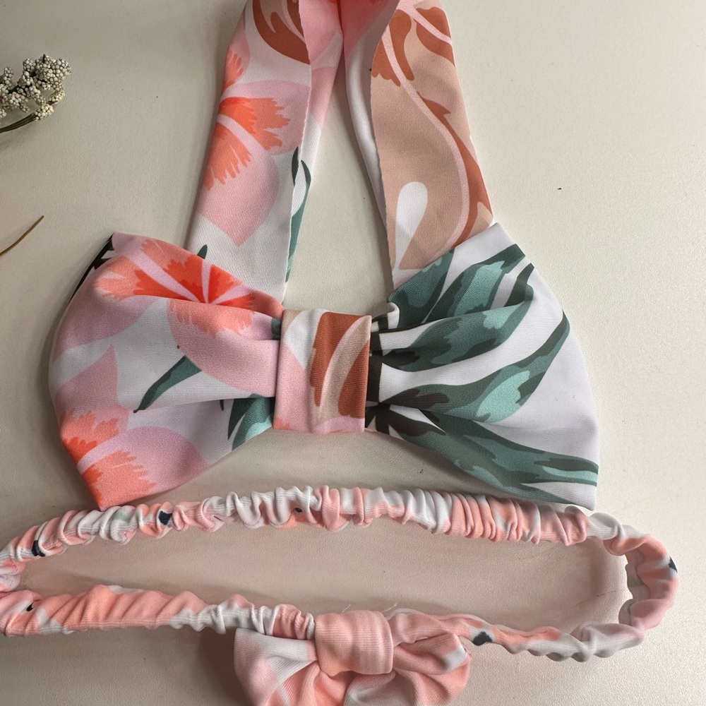 Floral Pink Bow Bandeau Bikini Top